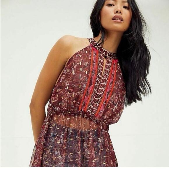 Free People Top Womens Size Small Red Ria Sleeveless Sheer Embroidered Boho Maxi - Picture 4 of 7